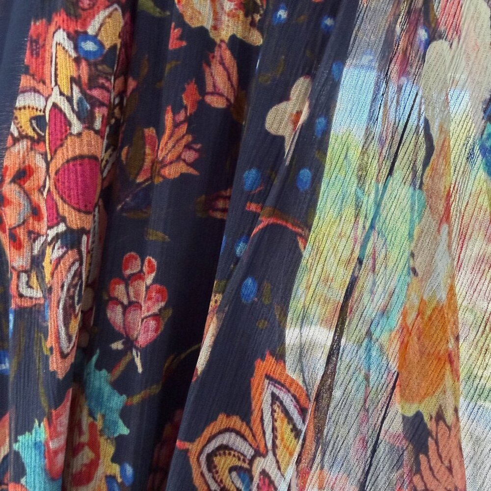 Haute Hippie Floral Sheer Maxi Dress Boho Kimono Sleeve Navy Size M